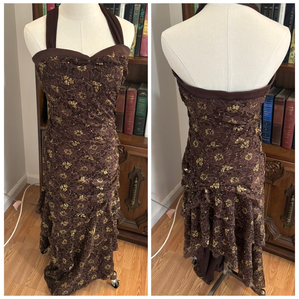 Y2K Fanny USA Fairycore Maxi Chocolate Brown Gold Lace Layer Ruched Halter XL